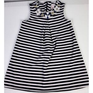 Savannah Girls Navy White Stripe Dress Size 6 Beaded Floral Collar Sleeveless